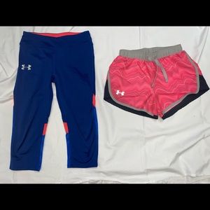 Girl’s Youth Medium Under Armour Capri leggings and shorts lot. Heat Gear YM